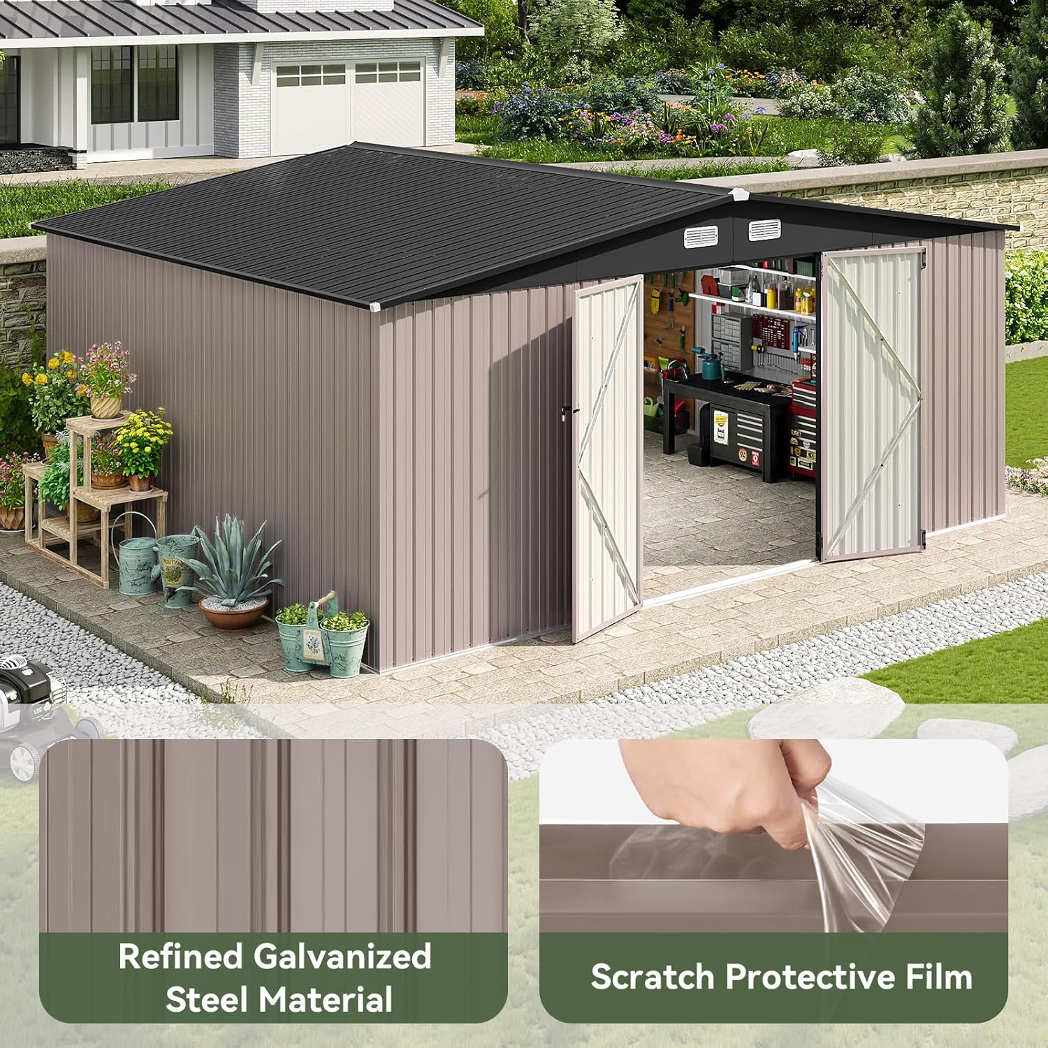 Aoxun 12x10 FT Shed Metal Outdoor Waterproof Storage Shed Steel Utility Garden Tool Shed with Door & Lock Outdoor Storage for Garden Patio Lawn Poolside, Brown