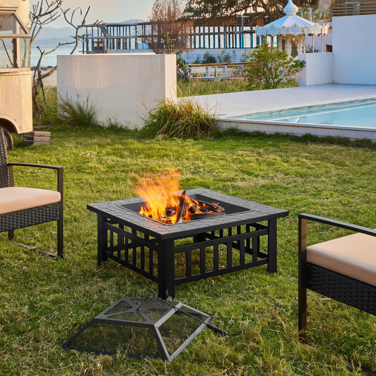 Yaheetech Multifunctional Fire Pit Table Square Metal Firepit Stove Backyard Patio Garden Fireplace