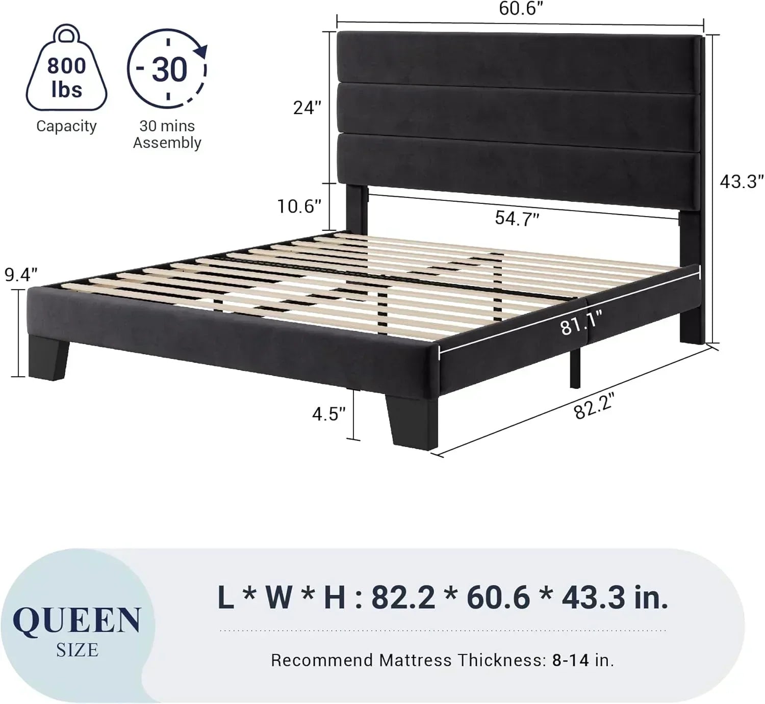 Allewie King size platform bed frame with velvet upholstered headboard and planks