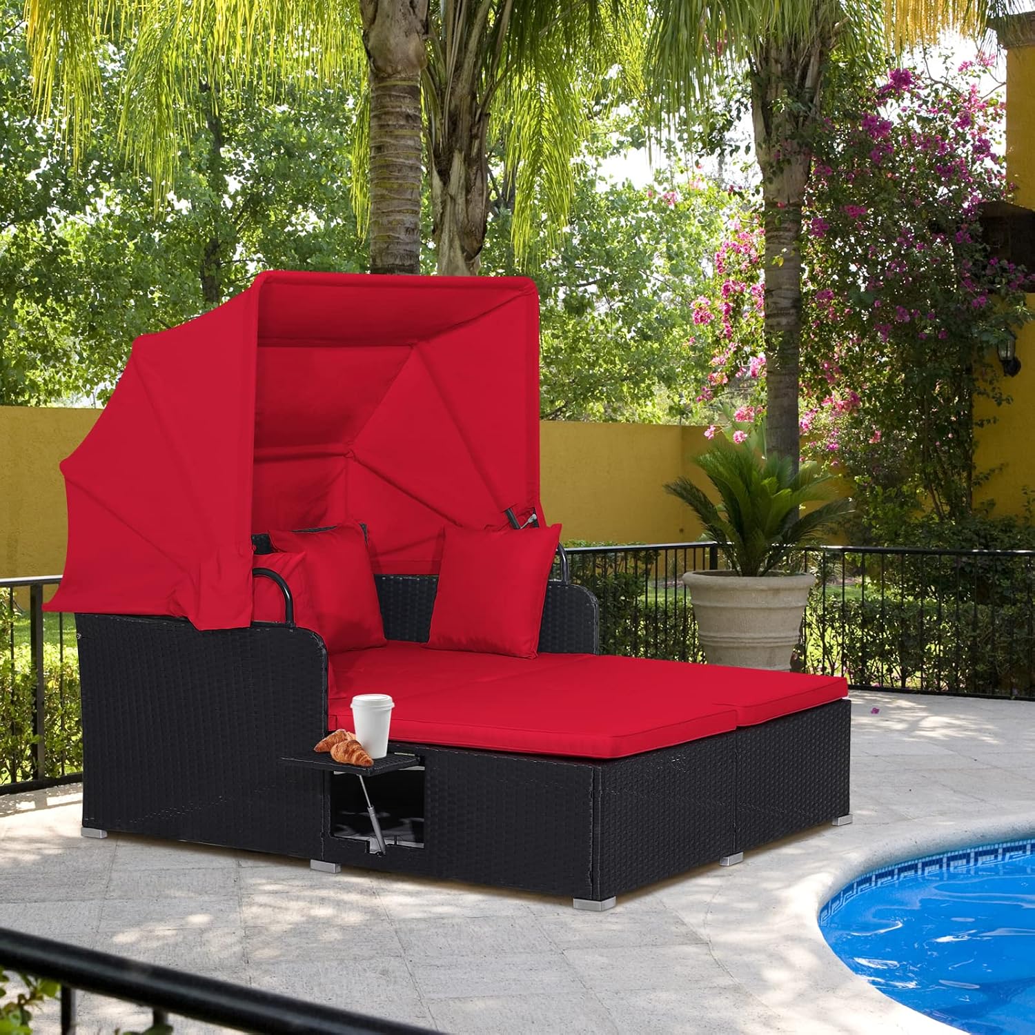 RELAX4LIFE Patio Outdoor Daybed with Canopy Wicker Sunbed Cushions 4 Pillows
