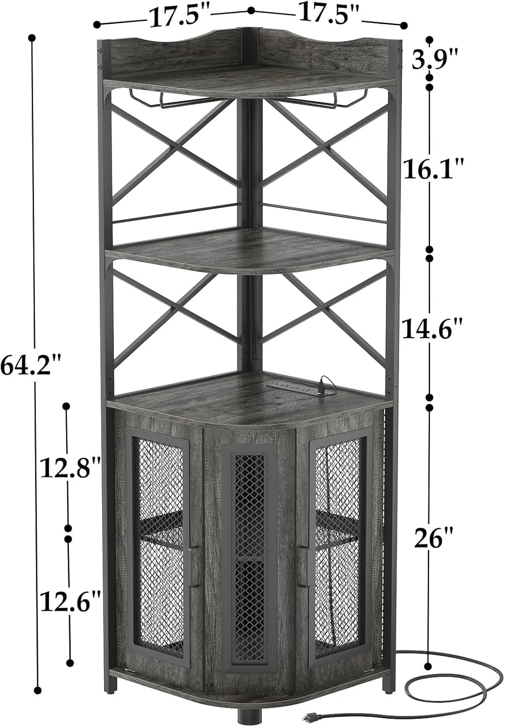 Corner bar cabinet with power socket, industrial style wine cabinet with LED light strip and glass rack, home five-layer wine cabinet bar unit, small space corner display cabinet