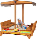 Kids Wooden Outdoor Sandbox w/Canopy, 2 Foldable Bench Seats, Retractable Roof Sand Protection Liner 47x47-Inch