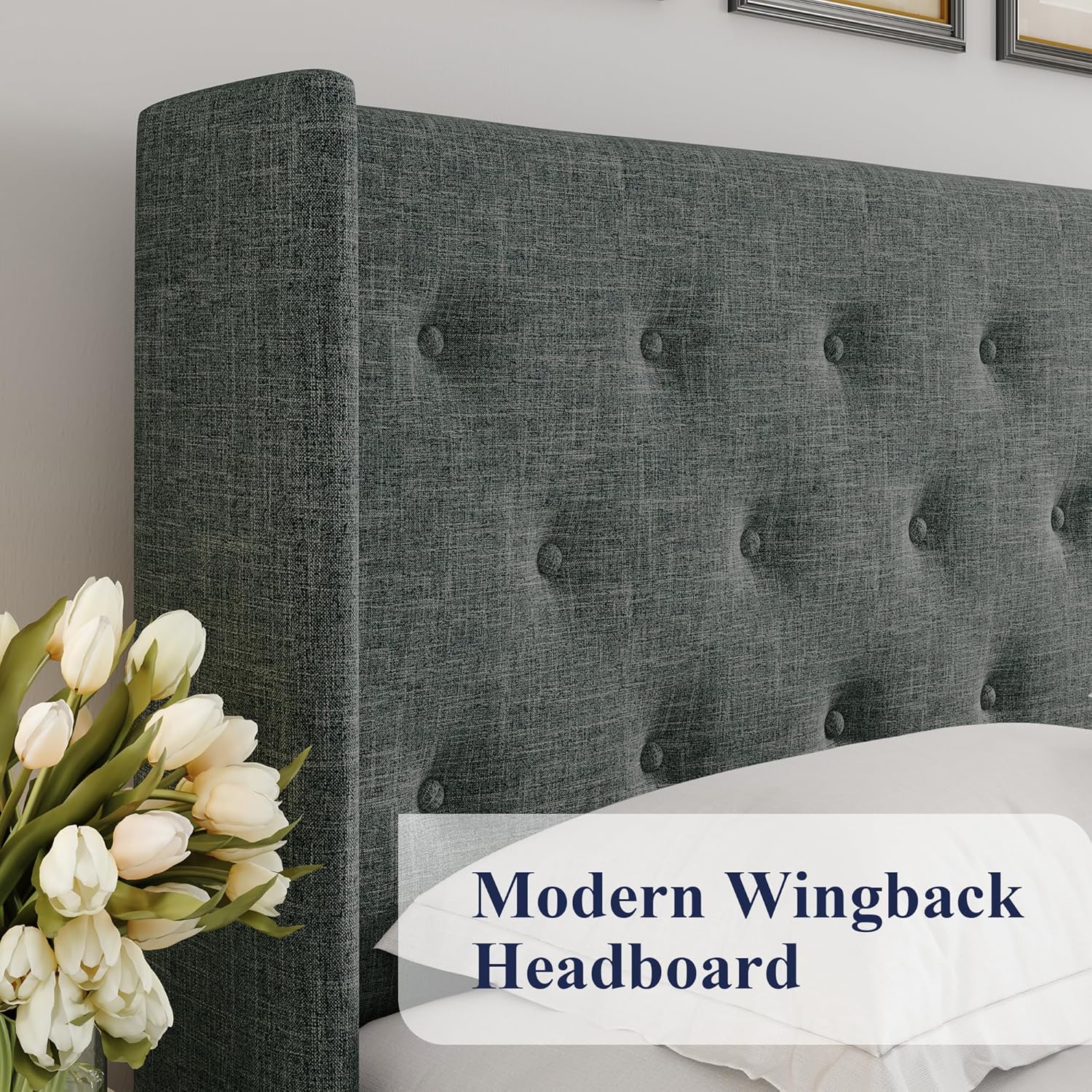 Allewie Queen Size Lift Up Storage Bed Modern Wingback Headboard Hydraulic Support