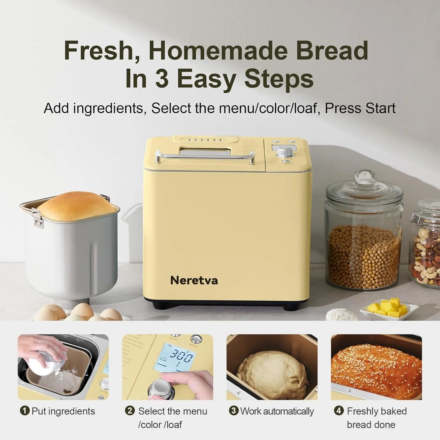 Neretva Bread Maker, 20-IN-1 2LB Bread Machine Dual Heater Bread Maker Machine Automatic with Nonstick Ceramic Pan, 15H Timer & 1H Keep Warm Set, Low Noise, Stainless Steel Breadmaker Recipe-Green