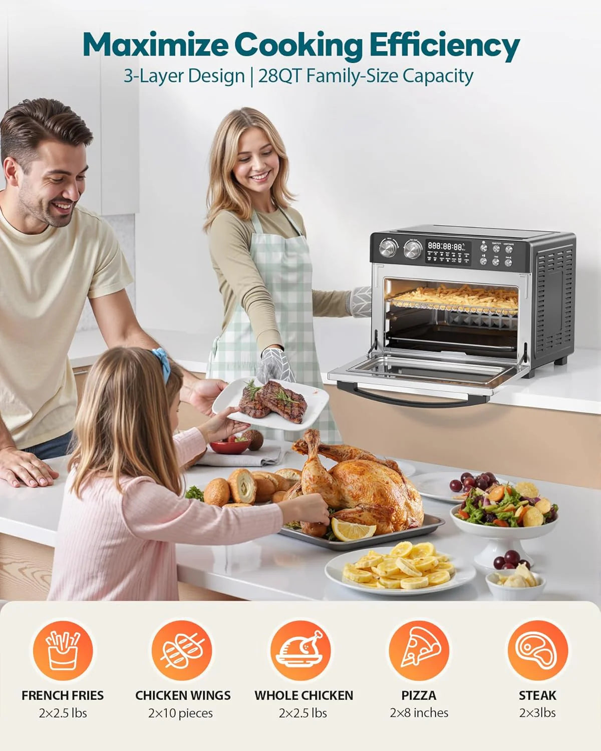28QT Air Fryer Toaster Oven Combo, Large 12-in-1 Convection Countertop Oven with 3-Layer Cooking, Rotisserie for Chicken, 6 Heating Tubes, Fast Preheat, Fits 11 Pizza, Full Accessories, Sparkle Black