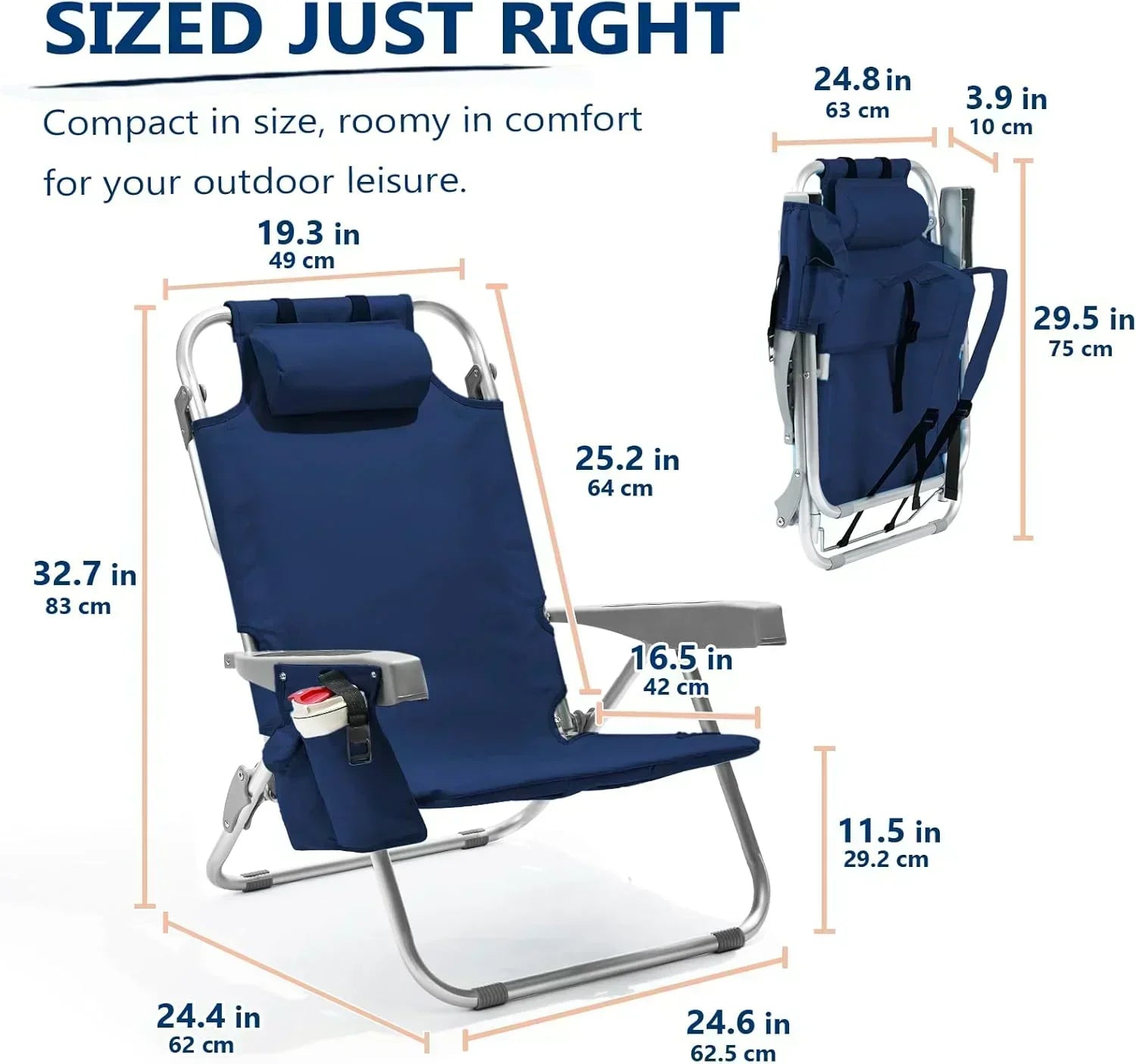 5-Position Aluminum Lay Flat Tall Backpack Beach Chairs 2 Pack Compact Portable Beach Chairs