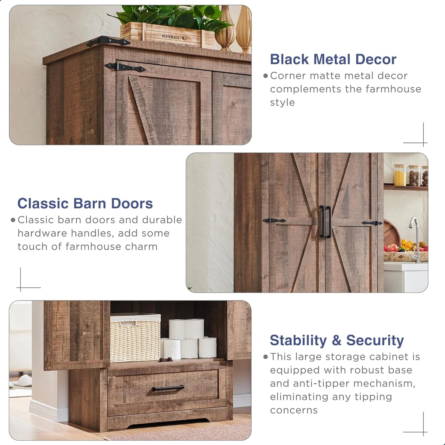 JXQTLINGMU Farmhouse Kitchen Pantry - 72 Tall Wood Kitchen Storage Cabinet with Adjustable Shelves and 2 Barn-Style Doors and Drawers