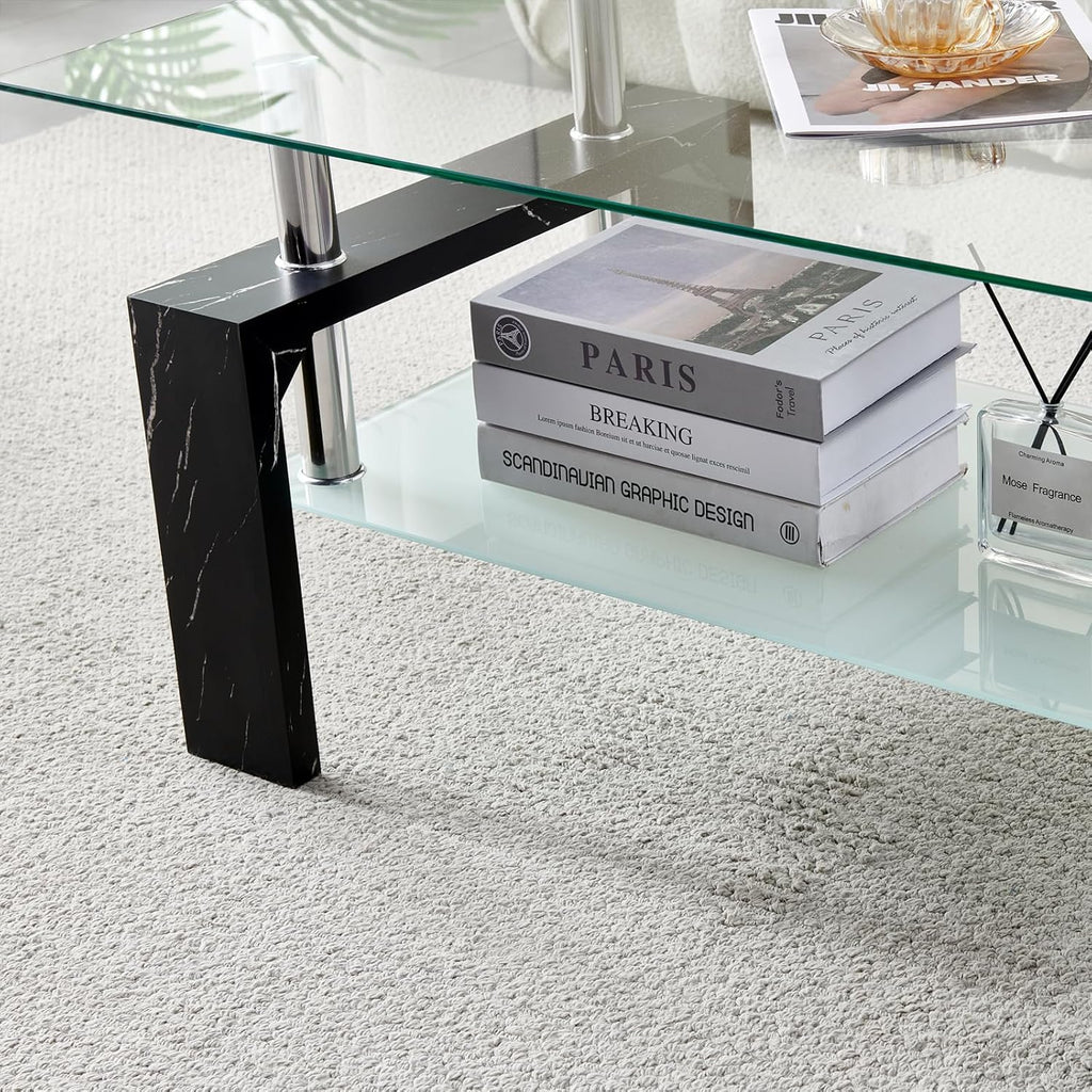 Living Room Rectangle Coffee Table, Tea Table Suitable for Waiting Room, Modern Side Coffee Table with Wooden Leg, Glass Tabletop