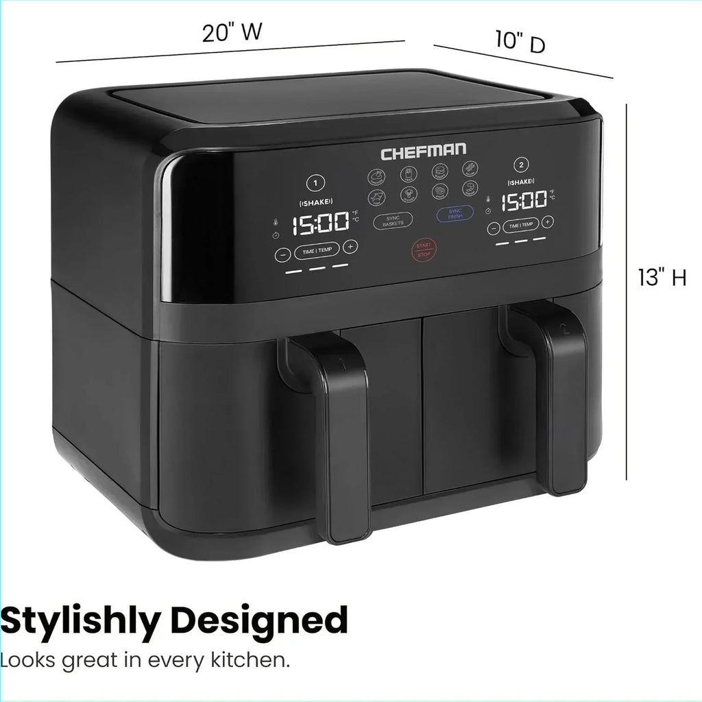 Chefman 6-Quart Dual Basket Air Fryer Digital Touchscreen Smart Sync Finish High-Frying