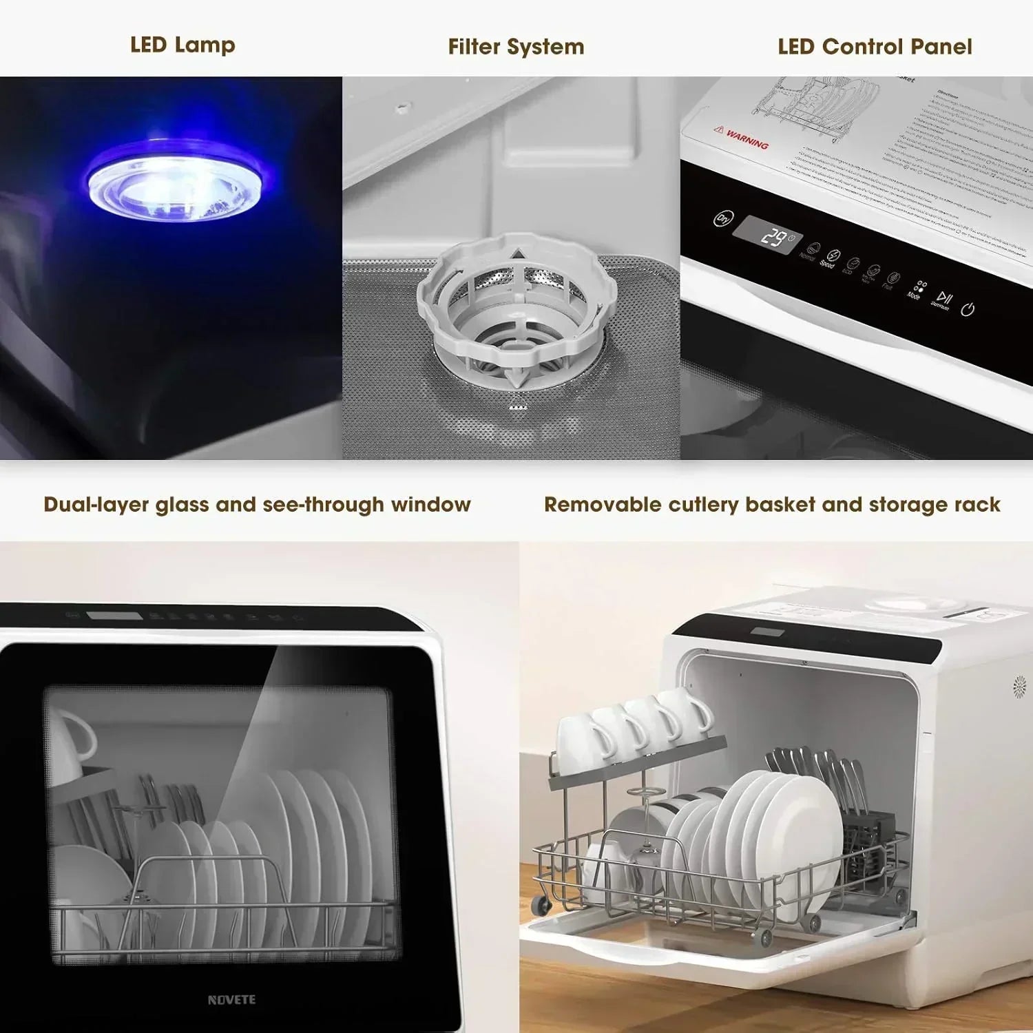 NOVETE portable tabletop dishwasher compact dishwasher with 5-liter built-in water tank