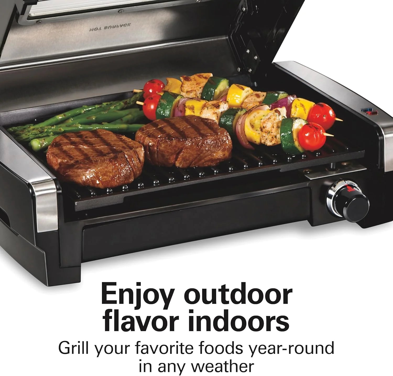 Indoor electric grill with viewing window, adjustable to 450��F, serves 6 people