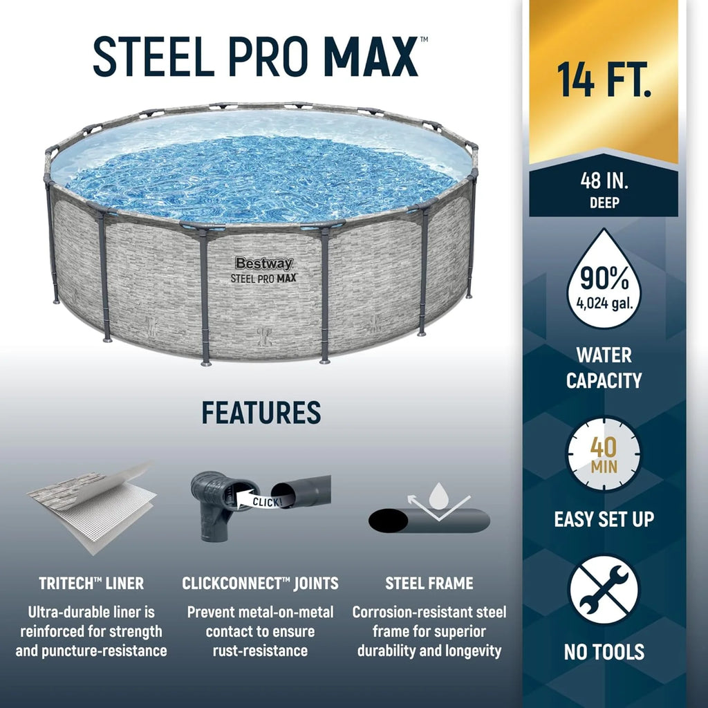 Steel Pro MAX 14 Foot x 48 Inch Round Metal Frame Above Ground Outdoor Swimming Pool Set with 1,000 Filter Pump, Ladder, and Cover, Gray