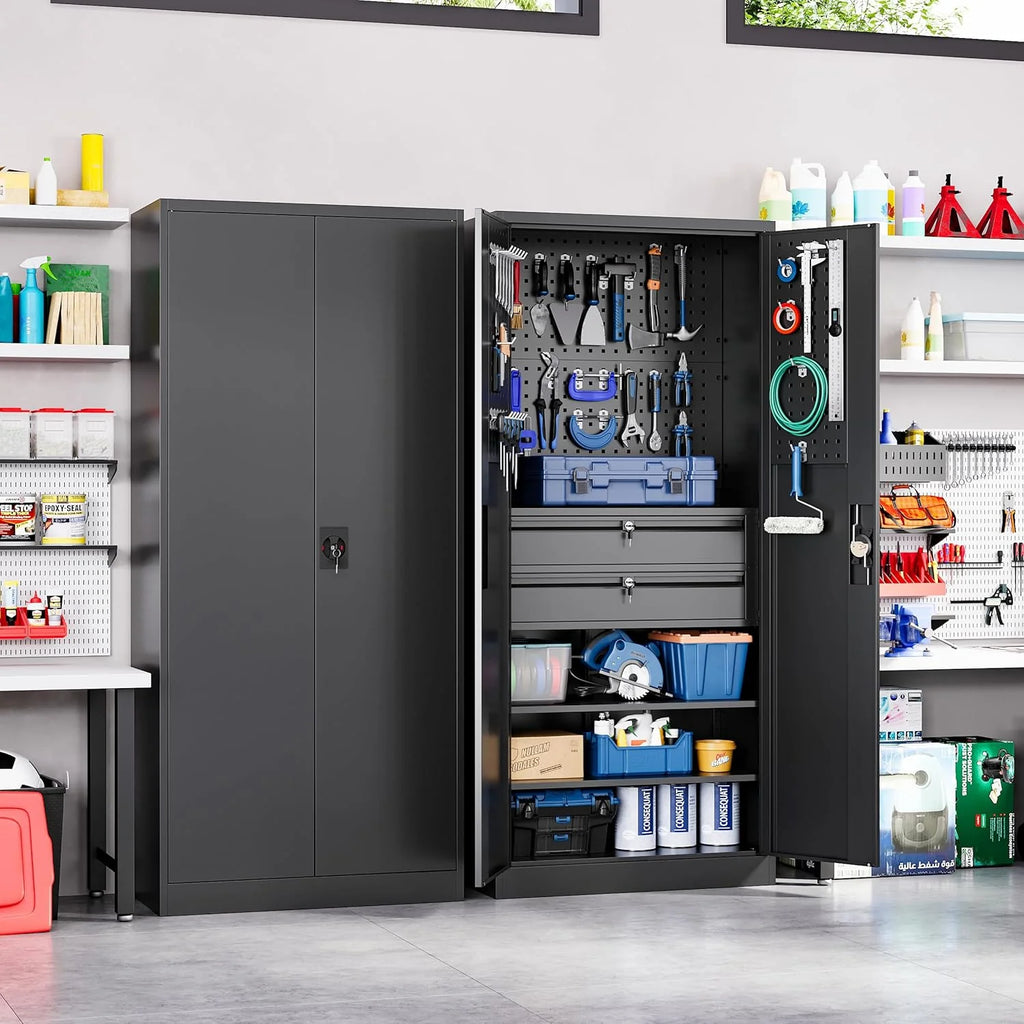 Yizosh Metal Garage Storage Cabinet with Locking Doors and 2 Drawers, Heavy Duty Steel Tool Cabinet with Pegboard, 71 - Lockable Cabinets for Garage, Warehouse, Basement (Black)