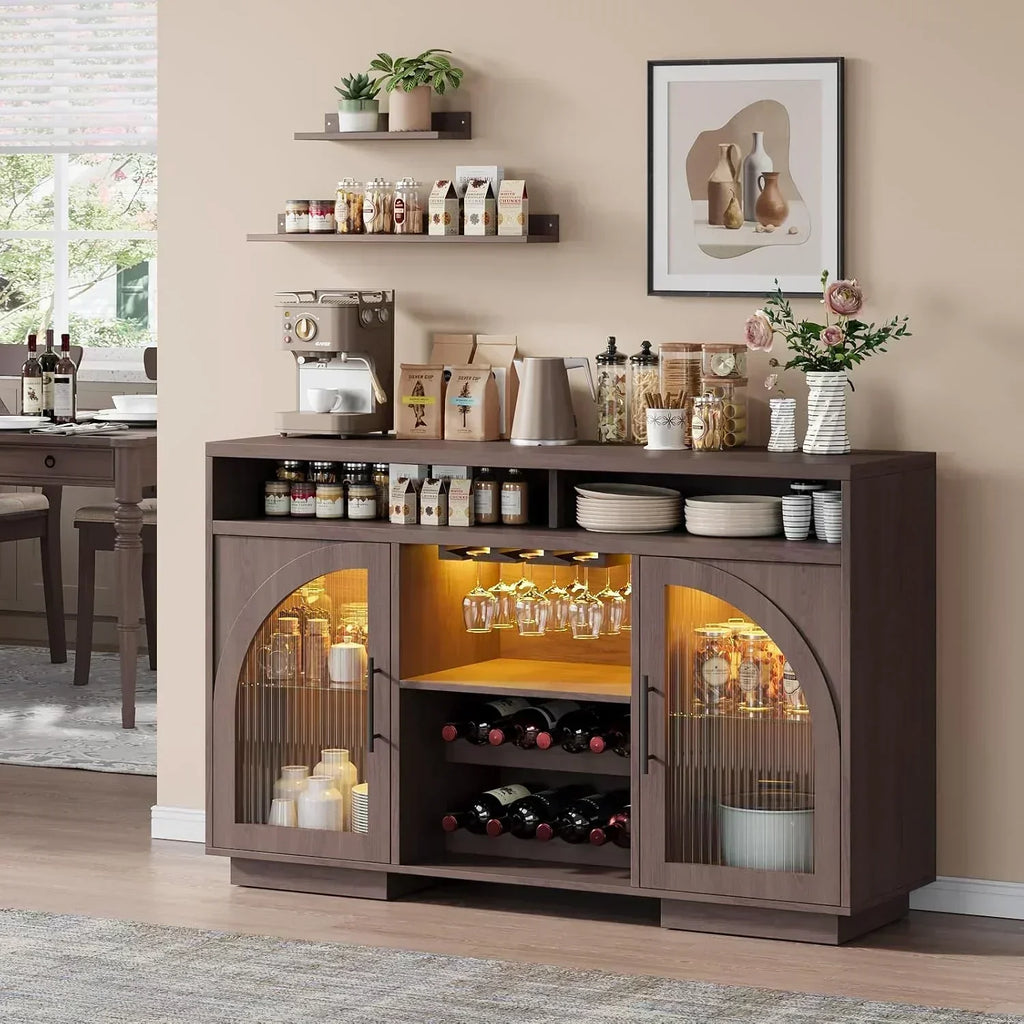 Sideboard 54-inch kitchen cabinet with LED lights and arched glass doors tall bar cabinet