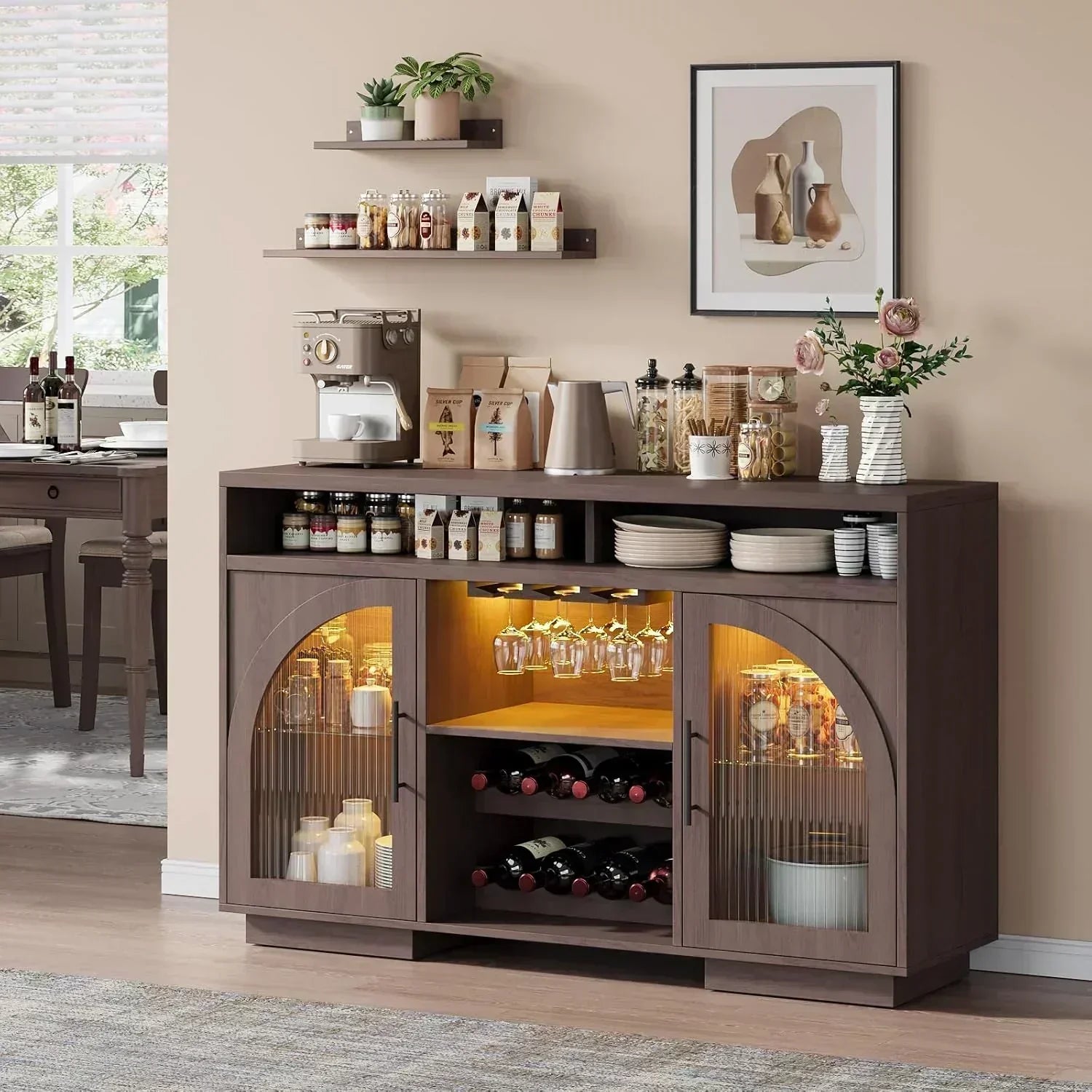 Sideboard 54-inch kitchen cabinet with LED lights and arched glass doors tall bar cabinet