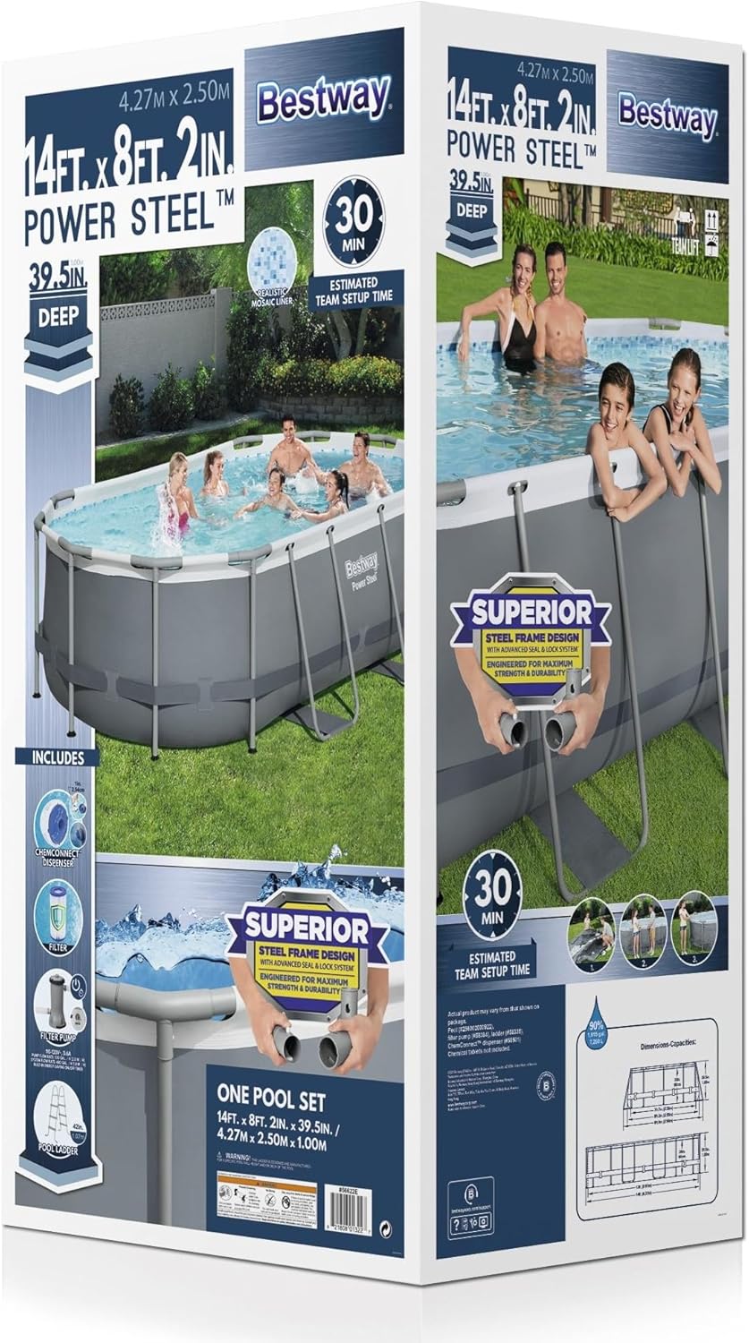 Power Steel 14' x 8'2 x 39.5 Oval Above Ground Pool Set | Includes 530gal Filter Pump, Ladder, ChemConnect Dispener