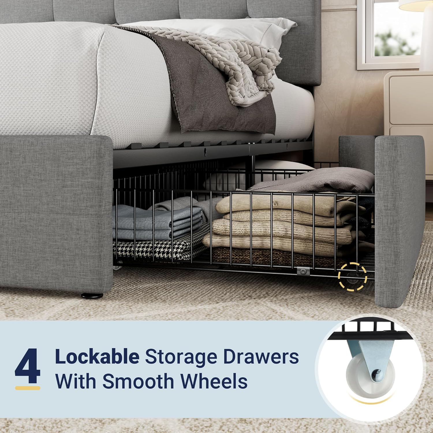 Allewie Upholstered Queen Size Platform Bed Frame with 4 Storage Drawers and Headboard