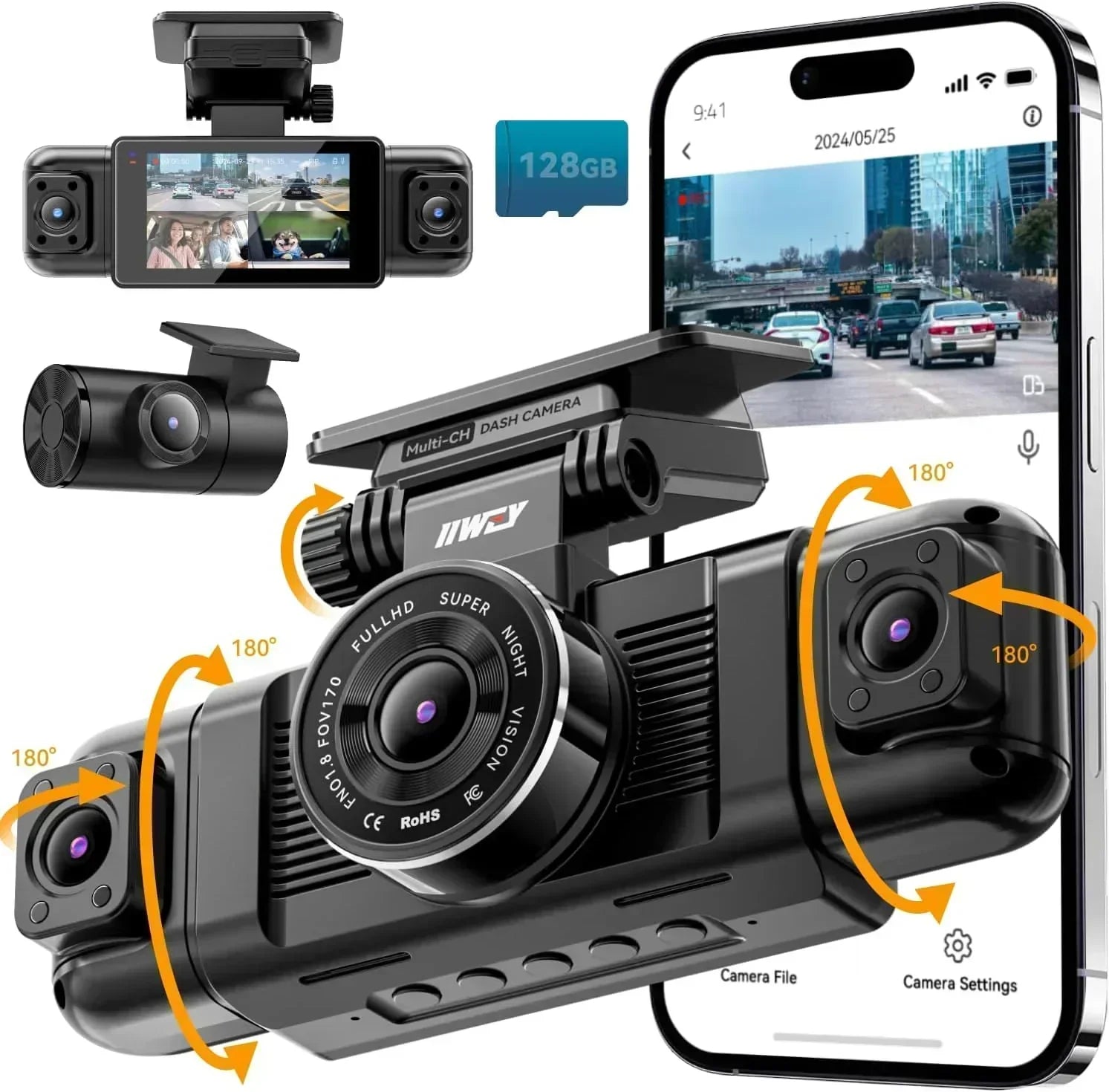 Channel Dash Cam 360° View 1080P Front and Rear Interior Car Left and Right Dash Cam
