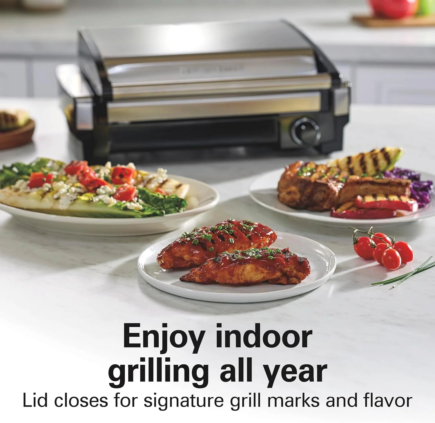 Electric Indoor Searing Grill with Viewing Window & Adjustable Temperature Control to 450F, 118 sq. in. Surface Serves 6, PFAS-Free Removable Nonstick Grate, Stainless Steel
