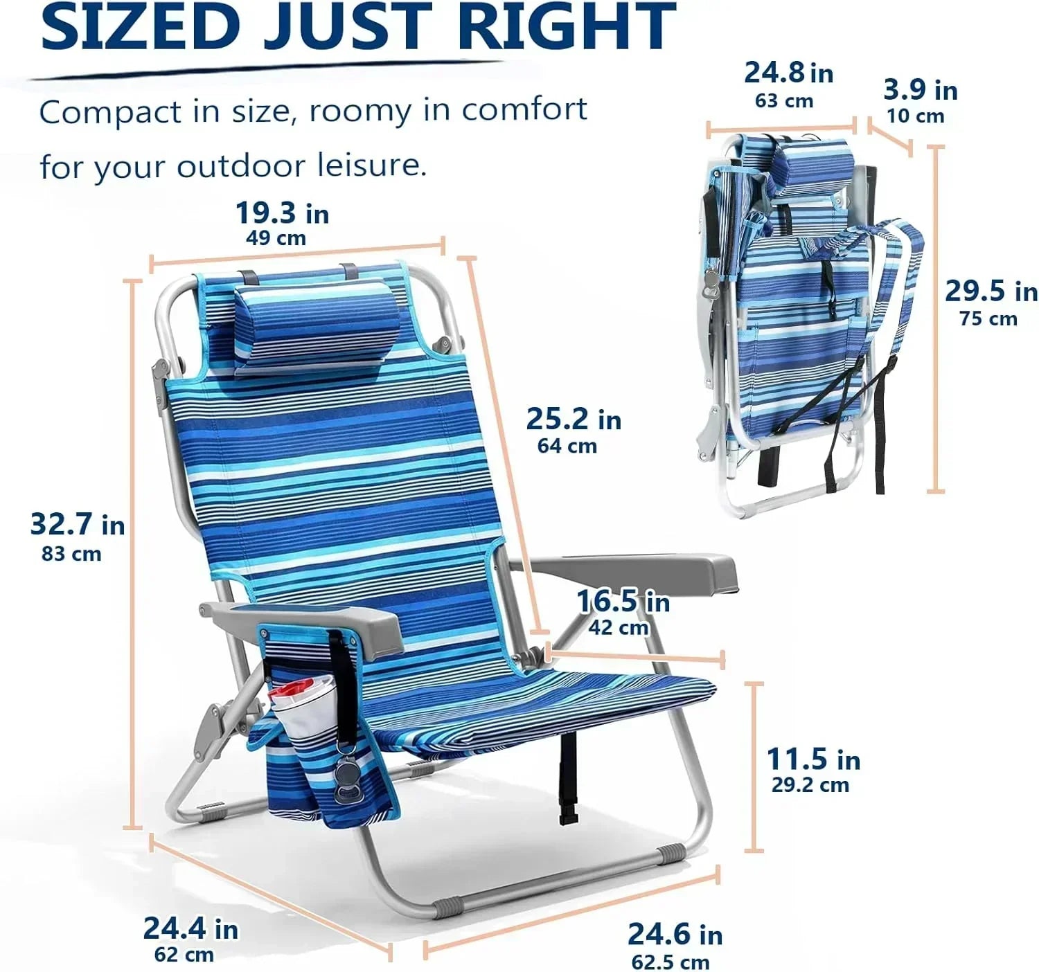 5-Position Aluminum Lay Flat Tall Backpack Beach Chairs 2 Pack Compact Portable Beach Chairs