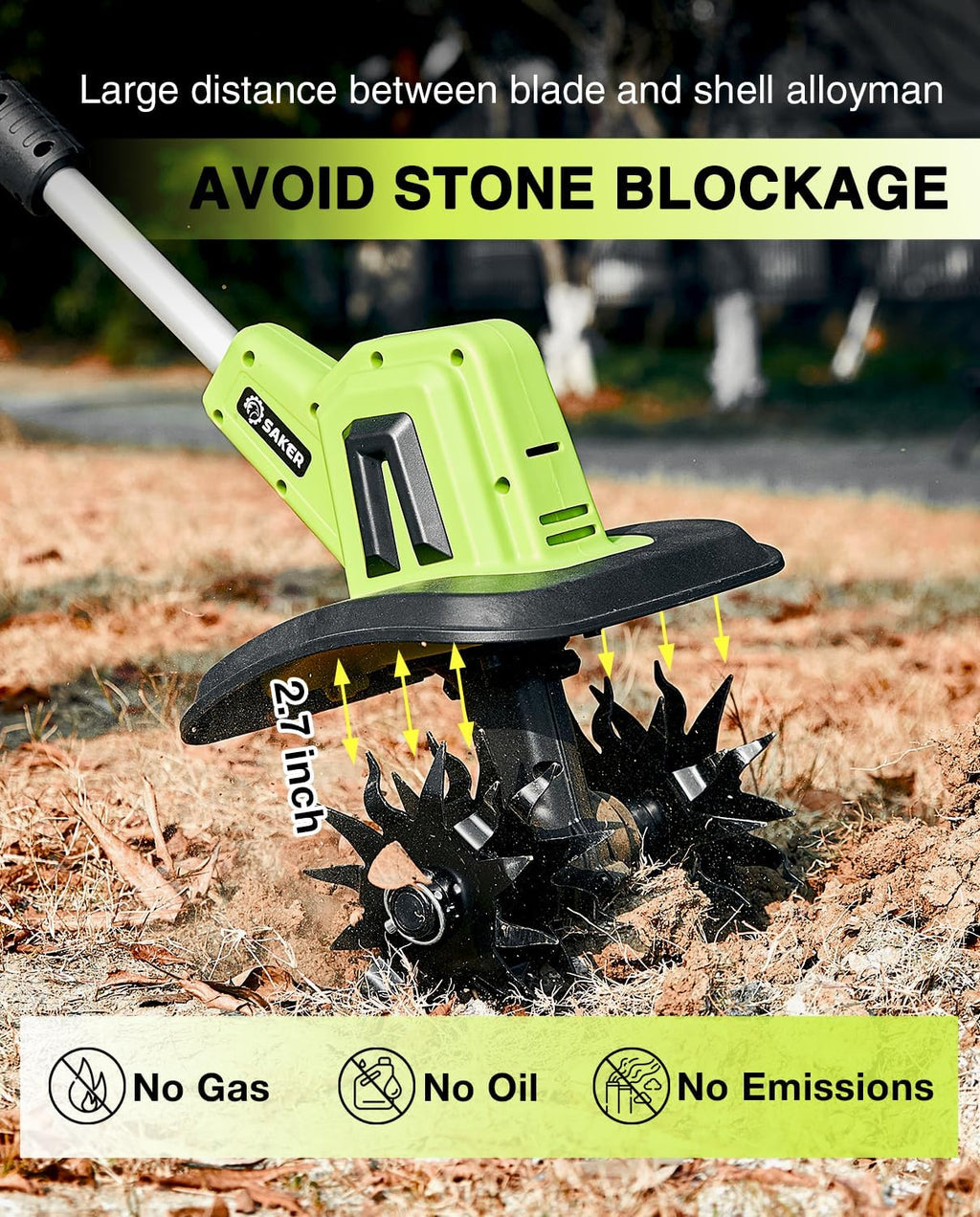 Saker 22V Cordless Electric Garden Tiller Cultivator Lightweight Rototiller for Gardening