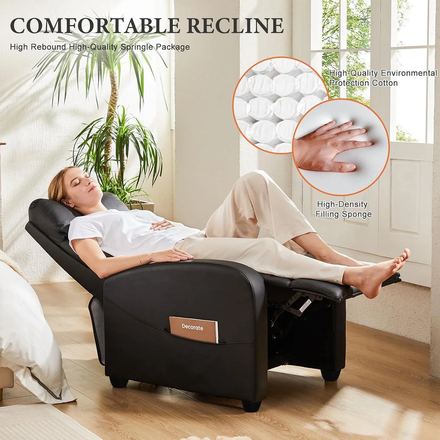 Sweetcrispy Massage Recliner Chair for Adults, Adjustable Home Theater Seating with Lumbar Support for Living Room, Modern Fabric Reclining, Pure Black