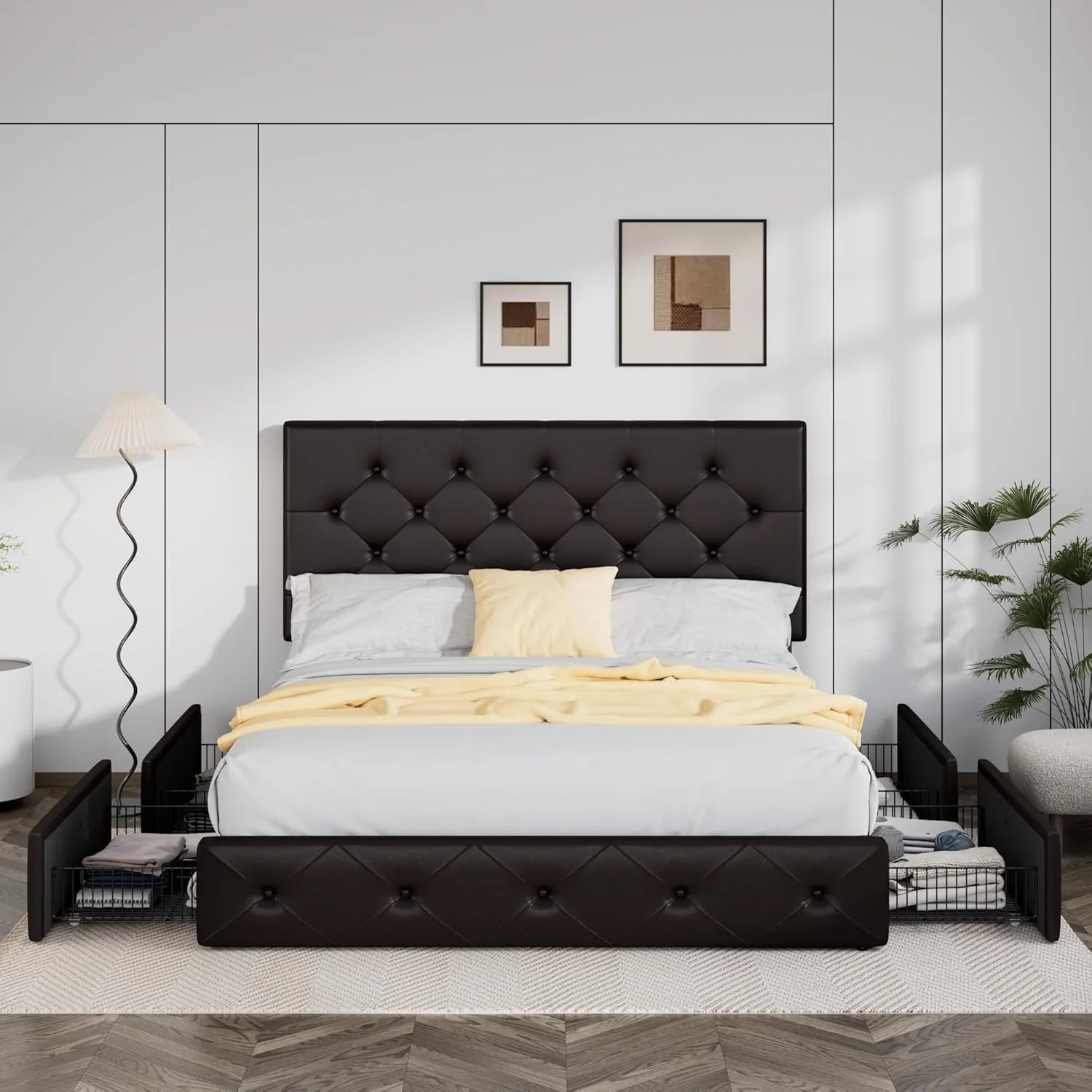 Allewie Upholstered Queen Size Platform Bed Frame with 4 Storage Drawers and Headboard