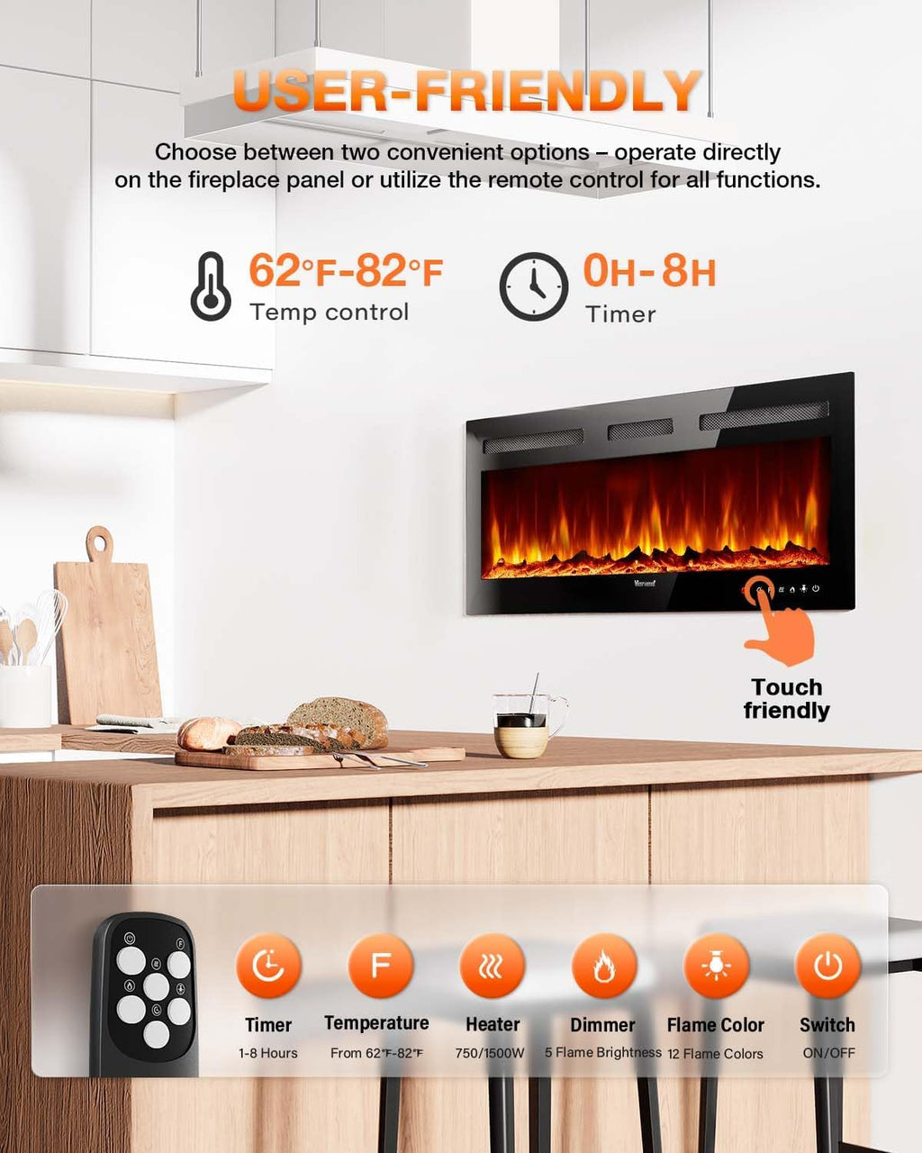 Electric Fireplace 60Inch,Wall Mounted Electric Fireplace Heater with Timer Inserts��TV Stand Touch Screen and Realistic Flame,Log Set,Crystal Flames 750 to 1500W��Remote for Living Room