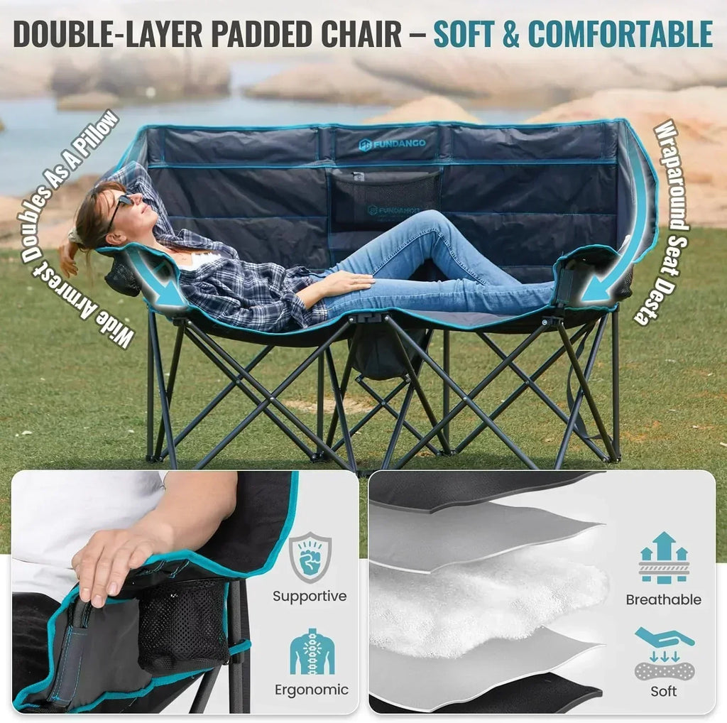 Double Camping Chair Cooler 3-Person Folding Extra Large Camping Chair 1000-Pound Capacity