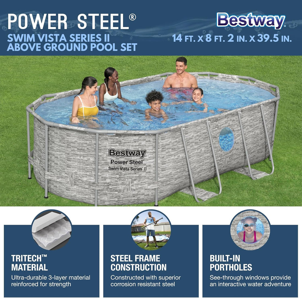 Power Steel Swim Vista Series II 14' x 8' 2 x 39.5 Above Ground Outdoor Swimming Pool Set with 530 GPH Filter Pump, Ladder, and Pool Cover