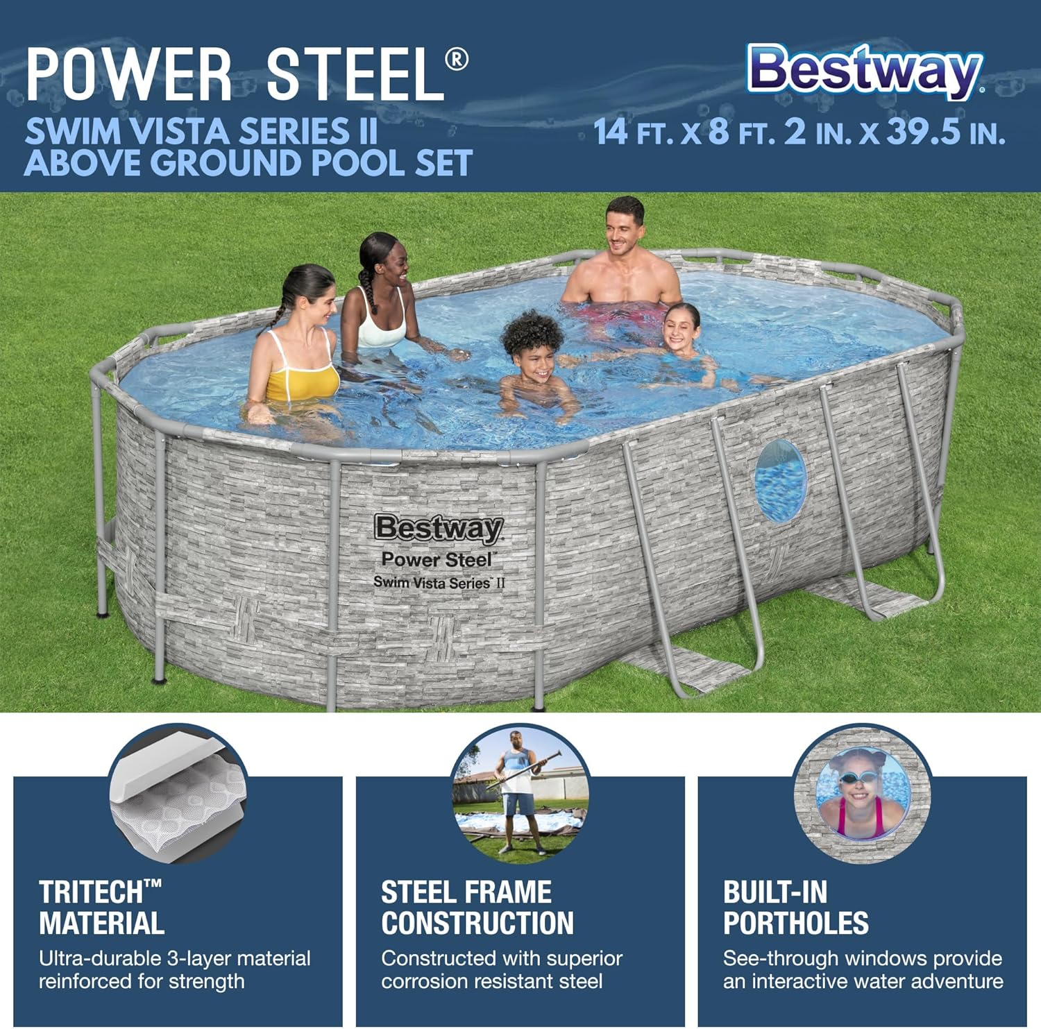 Power Steel Swim Vista Series II 14' x 8' 2 x 39.5 Above Ground Outdoor Swimming Pool Set with 530 GPH Filter Pump, Ladder, and Pool Cover