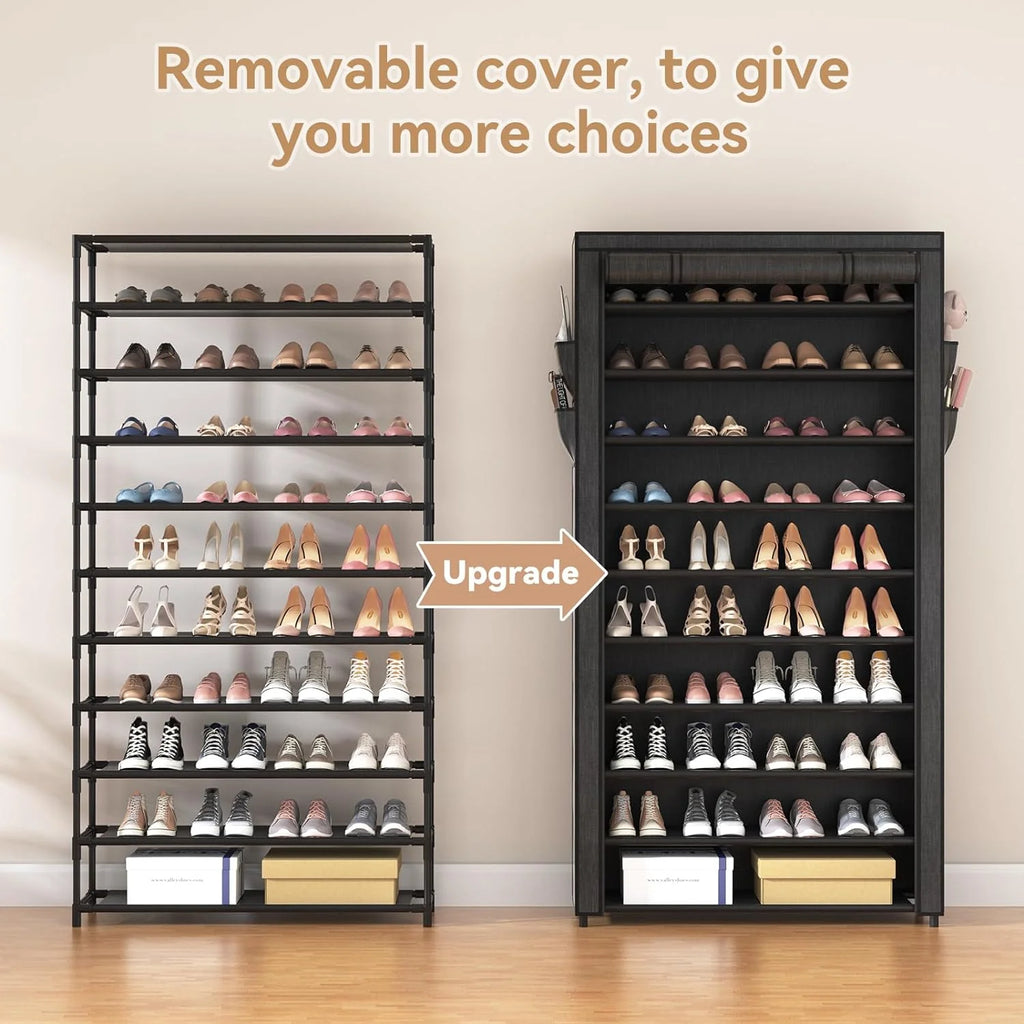 ROJASOP 10 Tier Shoe Rack with Covers Large Capacity Stackable Tall Shoe Shelf Storage