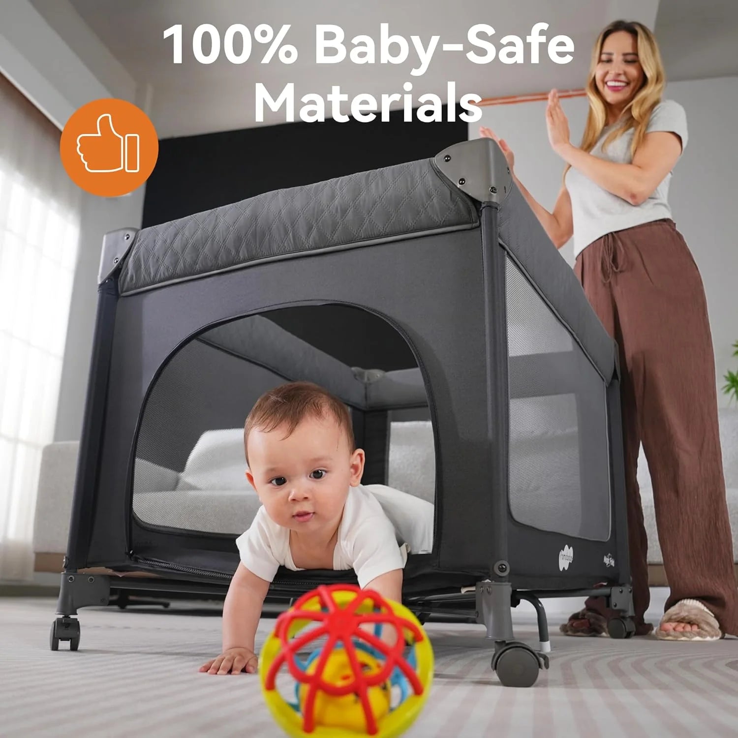 Pamo Babe Baby Playpen - Heavy-duty steel frame provides a safe sleeping space and portable crib