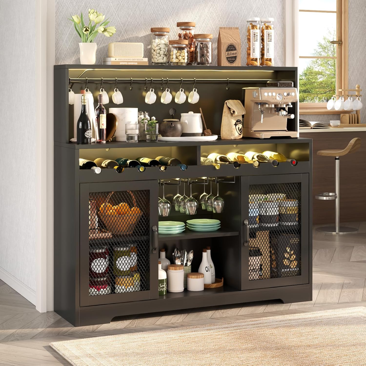 Wine Bar Cabinet with LED Light Liquor Cabinet with Glass Holder Coffee Bar for Liquor