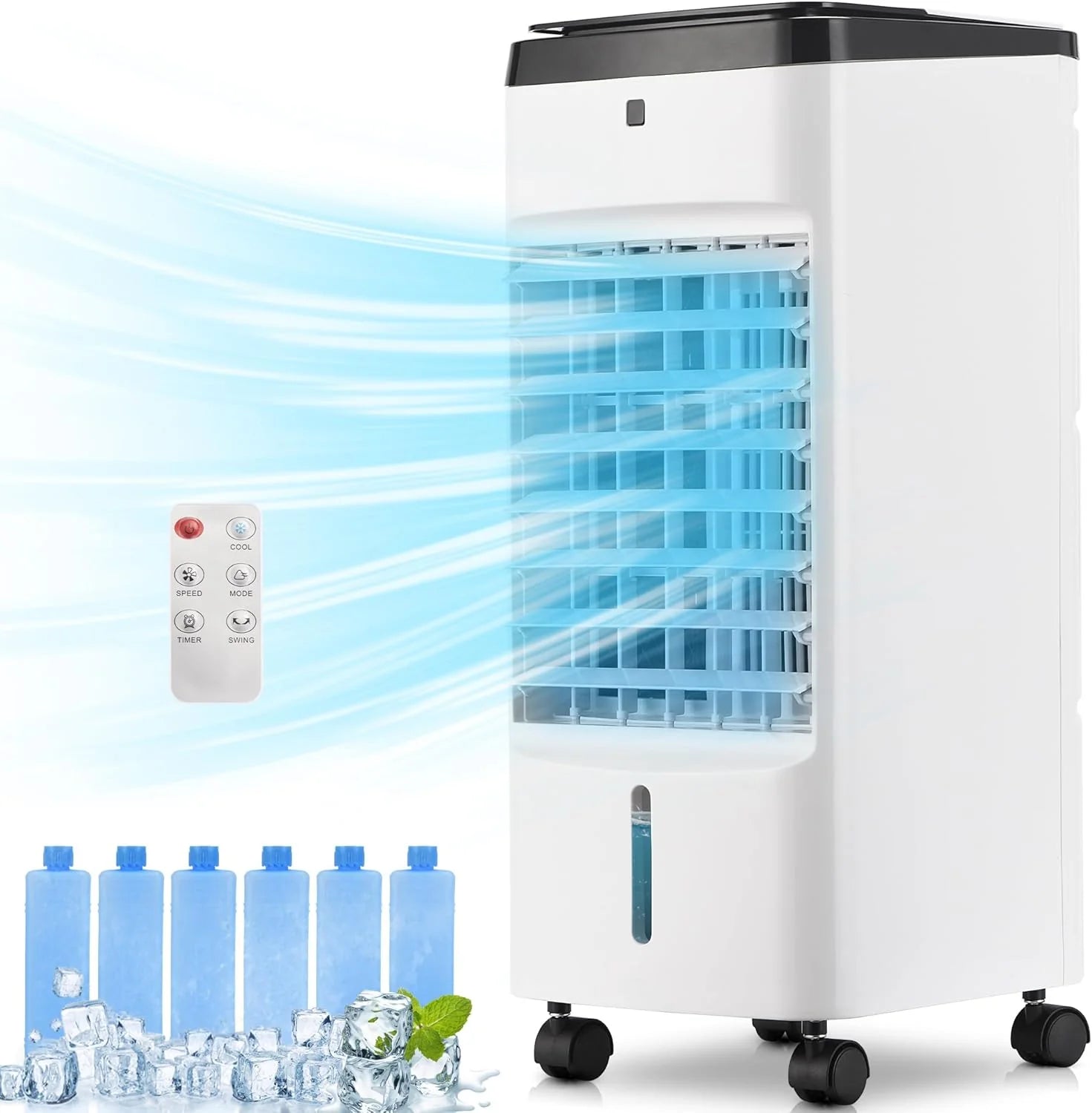 Uthfy Portable Air Conditioners, 3 IN 1 Evaporative Air Cooler with Detachable Water Tank, 6 Ice Packs, 12H Timer, 120�� Oscillation, Remote, 3 Speeds, 4 Modes, Swamp Cooler for Bedroom, Office