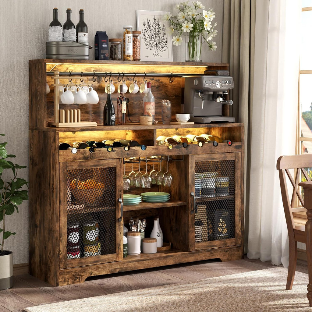 Wine Bar Cabinet with LED Light Liquor Cabinet with Glass Holder Coffee Bar for Liquor