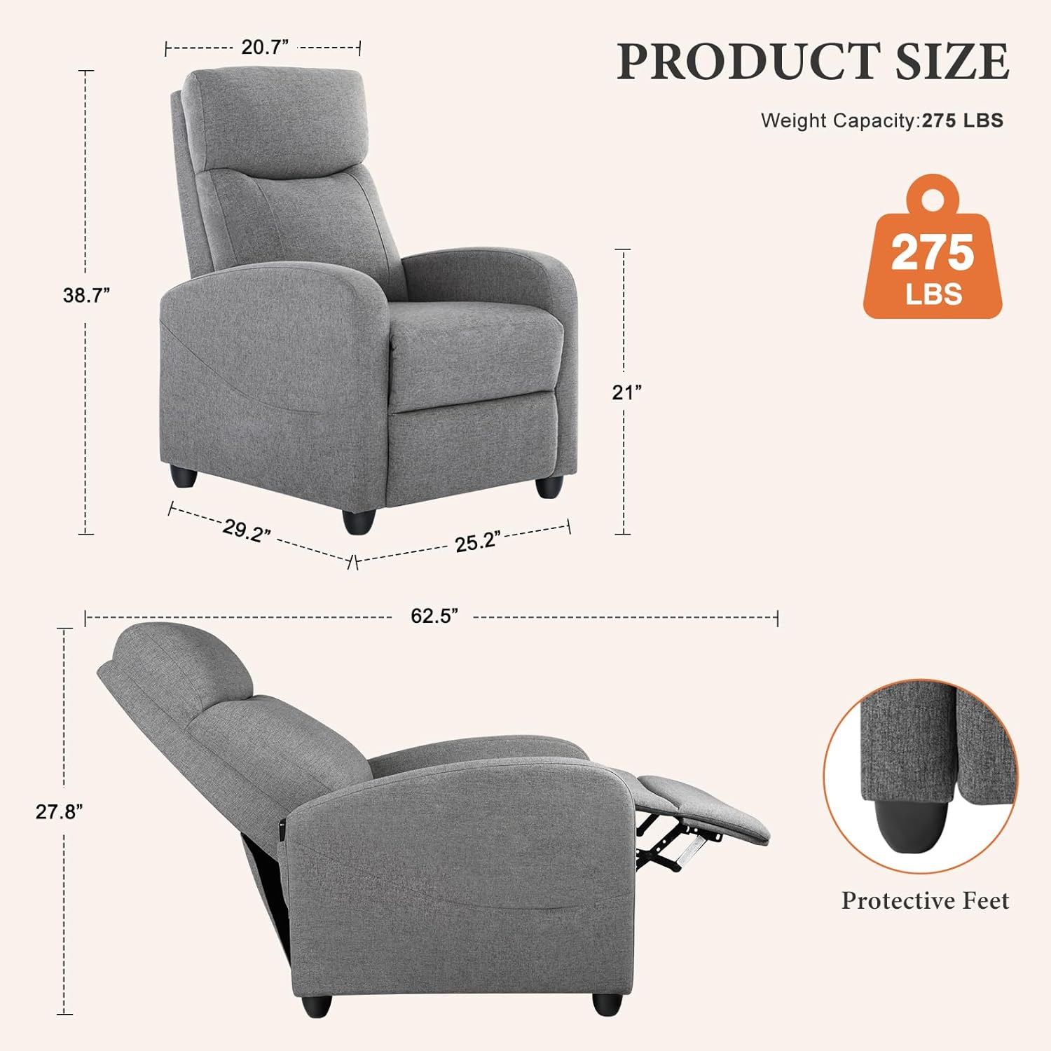 Sweetcrispy Massage Recliner Chair for Adults, Adjustable Home Theater Seating with Lumbar Support for Living Room, Modern Fabric Reclining, Pure Black