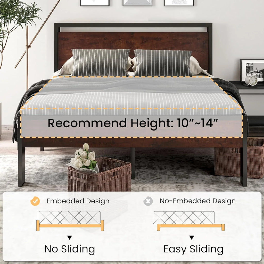 SHA CERLIN 14 Inch Full Size Metal Platform Bed Frame with Wooden Headboard and Footboard