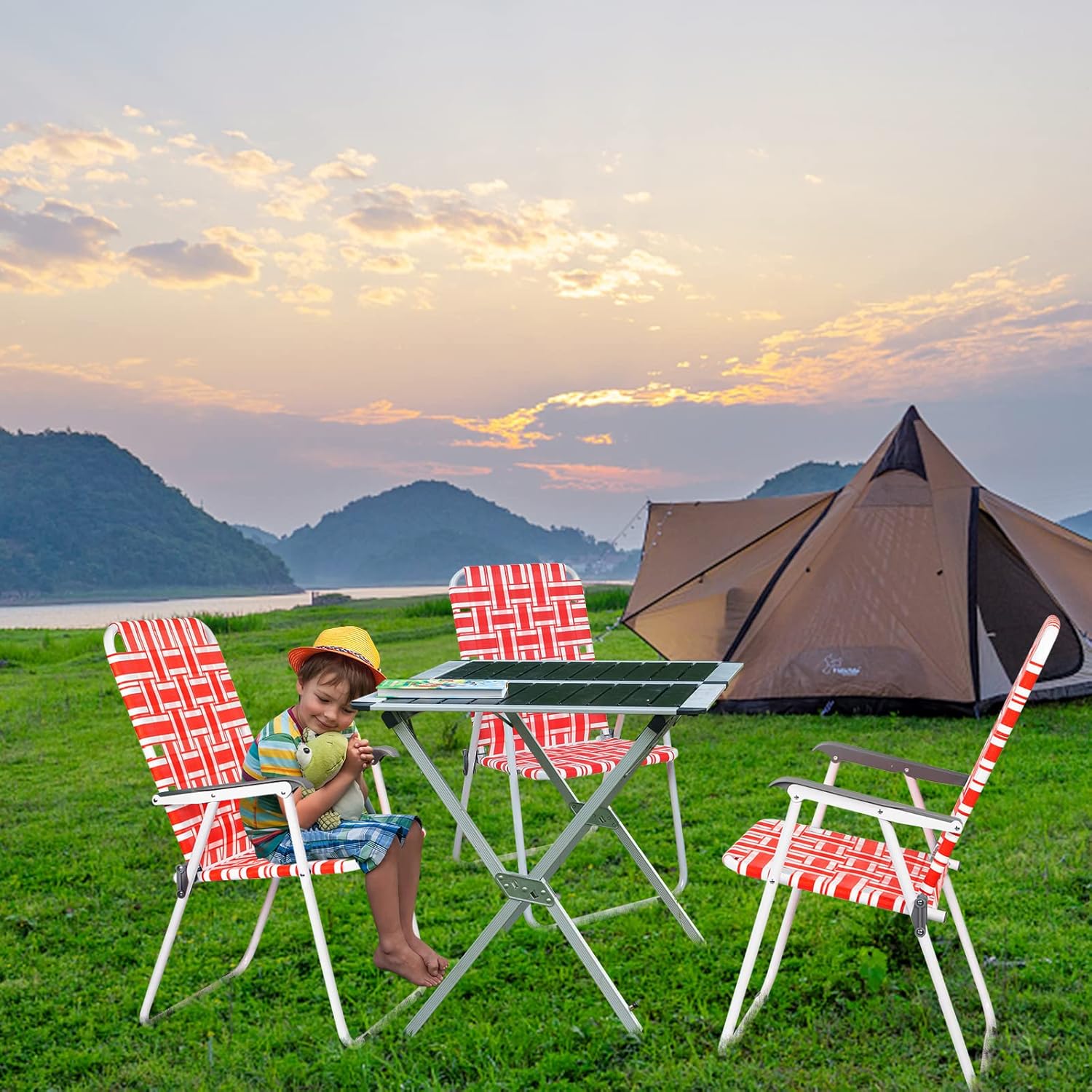 VINGLI Patio Lawn Webbed Folding Chairs Set of 2, Outdoor Beach Portable Lawn Chair Camping Chair Beach Chair