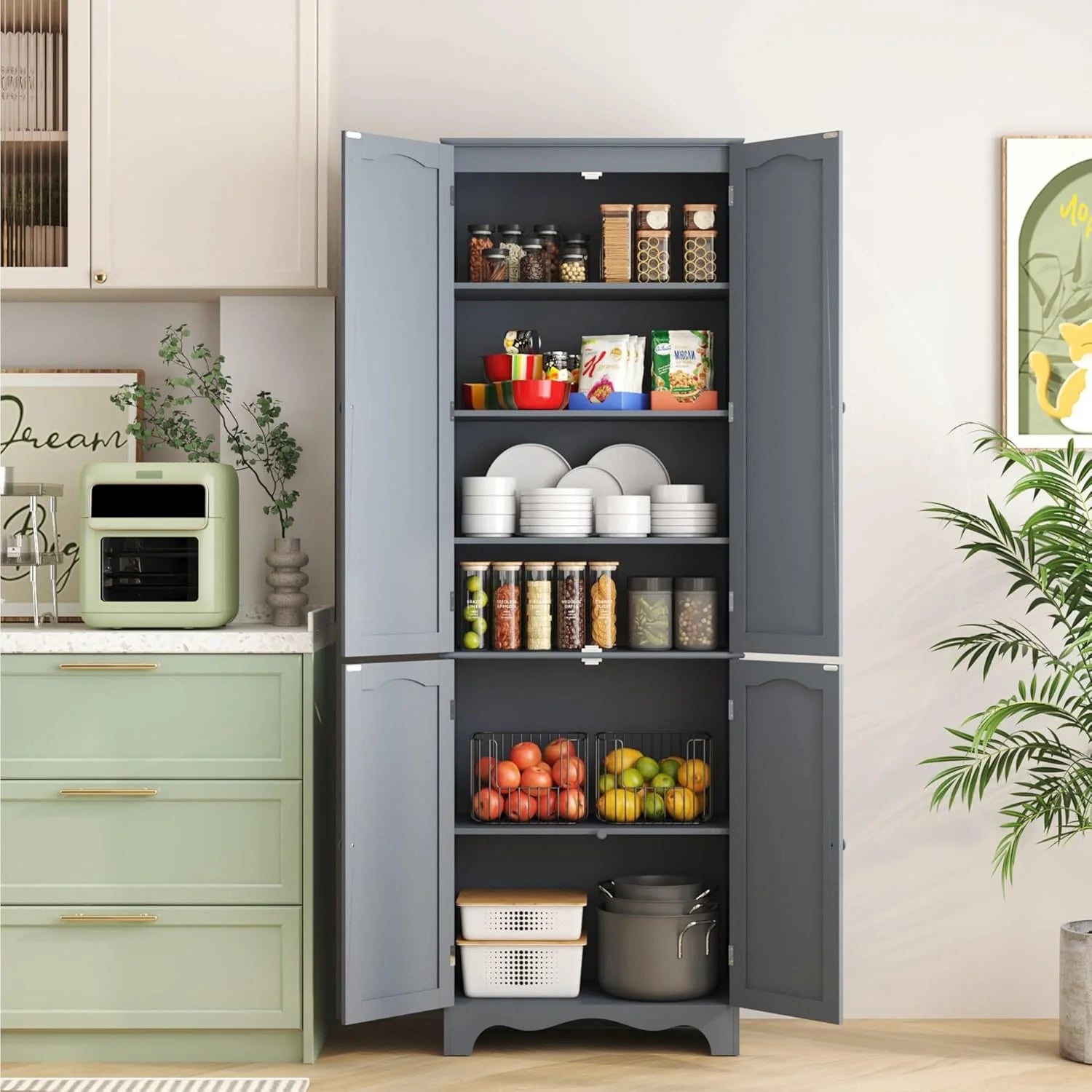 Tall Pantry Cabinet, Freestanding Storage Cabinet, Wooden Kitchen Pantry with 4 Doors and 5 Shelves, 72 Floor Cabinet Organizer
