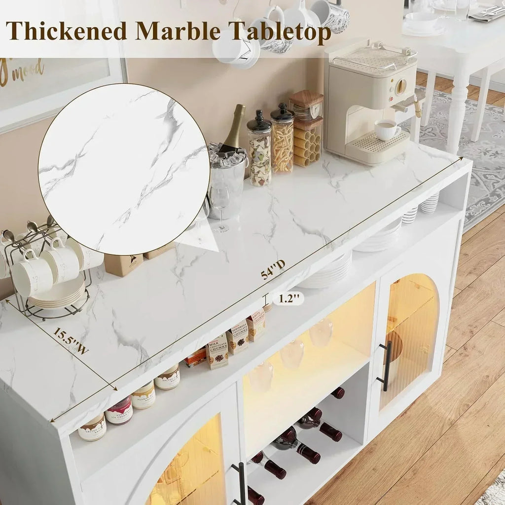 Sideboard 54-inch kitchen cabinet with LED lights and arched glass doors tall bar cabinet