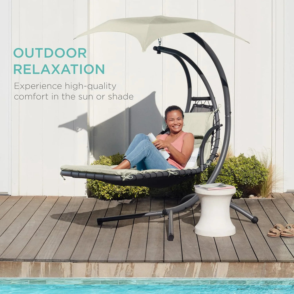Best Choice Products Outdoor Hanging Curved Steel Chaise Lounge Chair Swing w/Built-in Pillow and Removable Canopy - Teal