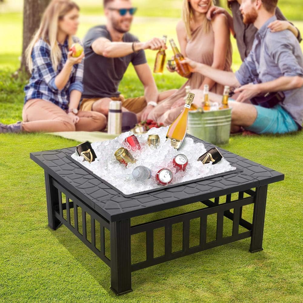 Yaheetech Multifunctional Fire Pit Table Square Metal Firepit Stove Backyard Patio Garden Fireplace