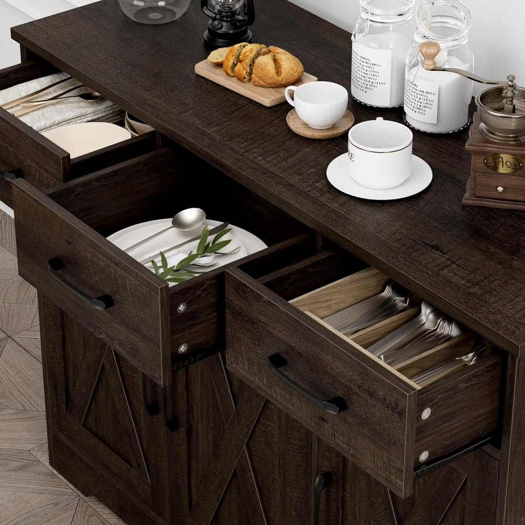 Modern farmhouse sideboard, barn door buffet storage cabinet with drawers and shelves, wooden coffee bar with storage