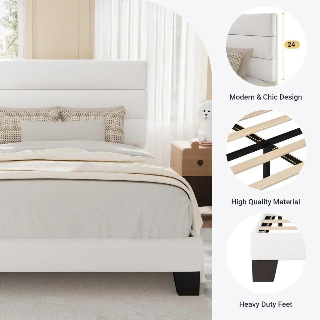 Allewie King size platform bed frame with velvet upholstered headboard and planks