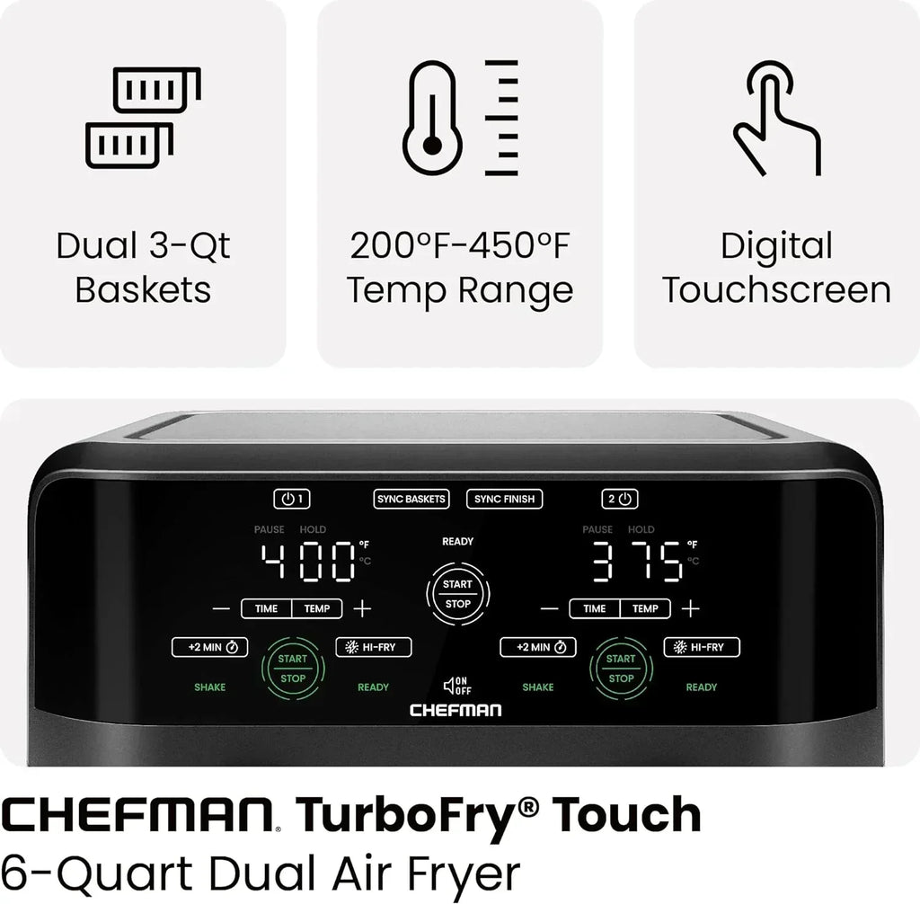 Chefman 6-Quart Dual Basket Air Fryer Digital Touchscreen Smart Sync Finish High-Frying