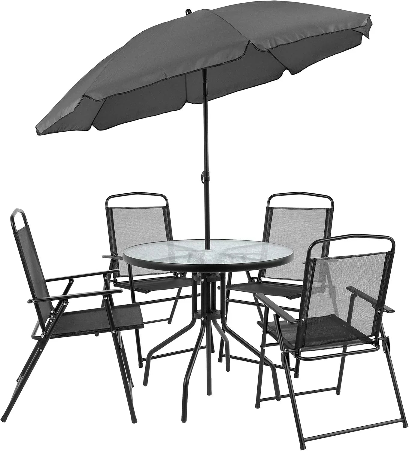 EMMA + OLIVER 6 Piece Brown Patio Garden Set with Umbrella Table Set of 4 Folding Chairs