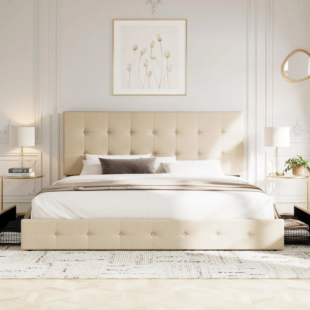 Allewie Upholstered Queen Size Platform Bed Frame with 4 Storage Drawers and Headboard