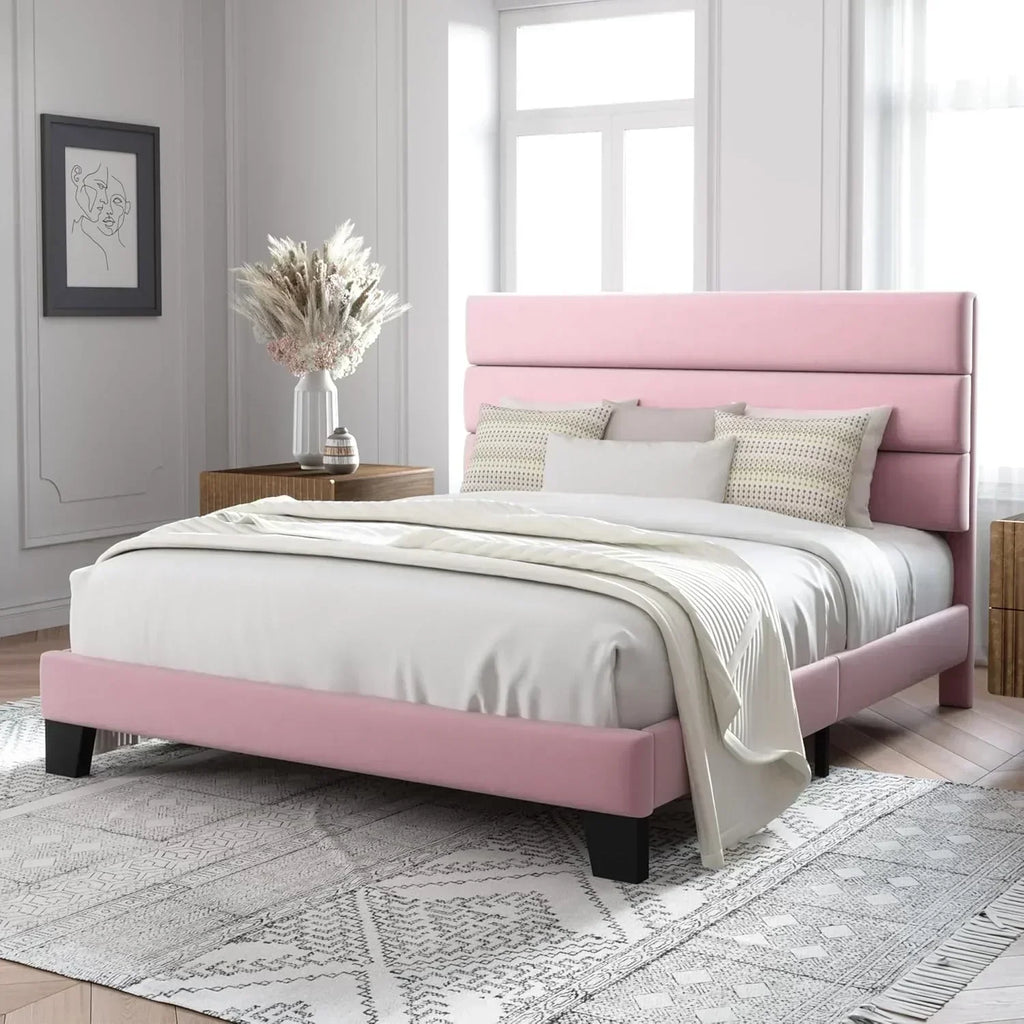 Allewie King size platform bed frame with velvet upholstered headboard and planks