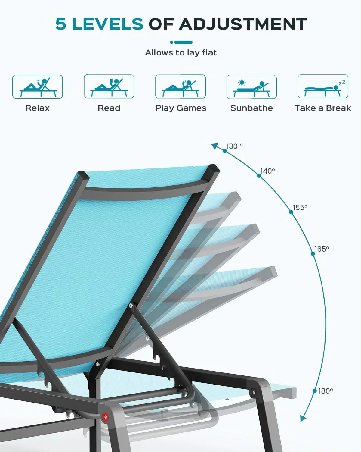 Aluminum Chaise Lounge Outdoor Foldable Assemble Free Outdoor Lounge Chair 5 Adjustable Backrest